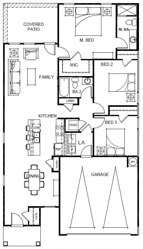 a floor plan of a house with bedrooms and baths and a garage